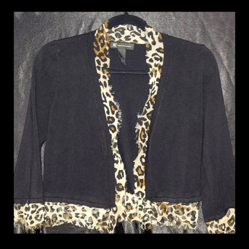 Black Cardigan with Leopard Trim
